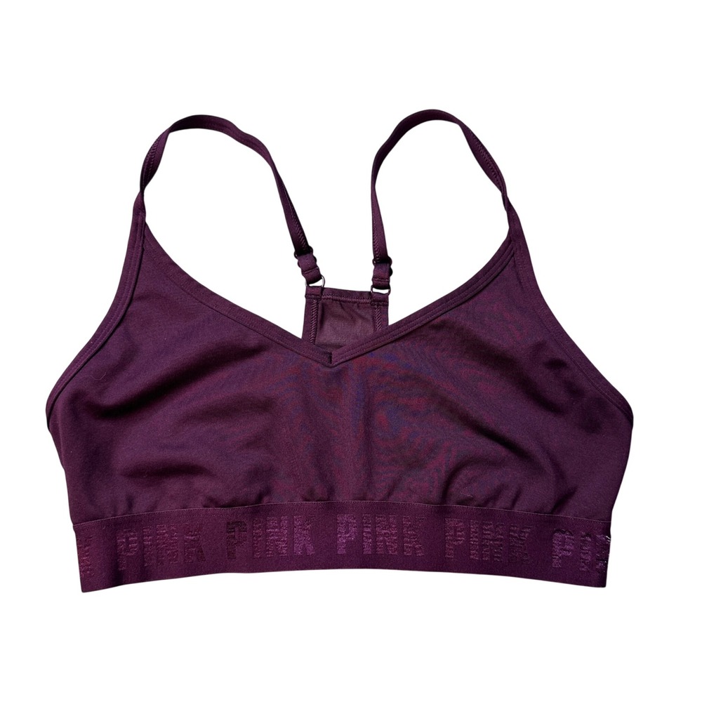 PINK‎ Sports Bra Womens S Purple Logo Band Mesh Racerback Adjustable Straps